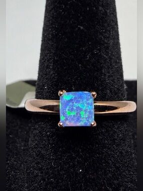 14K Rose Gold Plated Sterling Silver Genuine Blue Opal Ring Sz 8 NWT